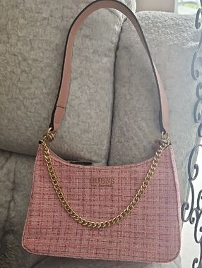 GUESS Pink Tweed Shoulder Bag with Gold Chain Accent